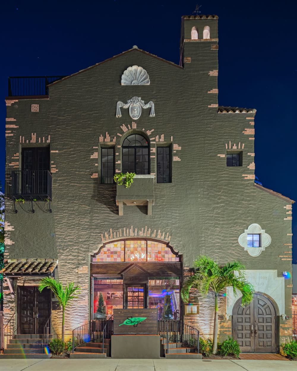 Sage SRQ restaurant exterior at night, downtown Sarasota