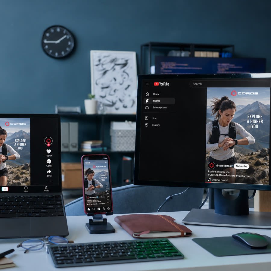 One reel shown on four platforms at once across a phone, tablet, laptop and monitor
