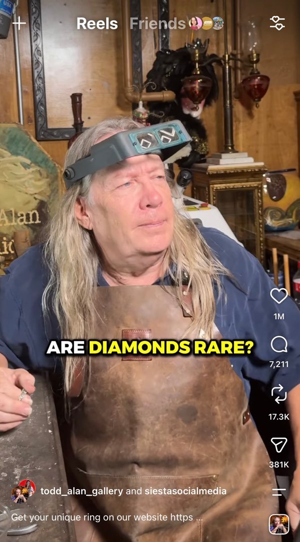 Instagram's public counter on Todd Alan's diamond-rarity reel, July 3, 2026: 1M likes, 7,211 comments, 381K shares, a collab post with Siesta Media